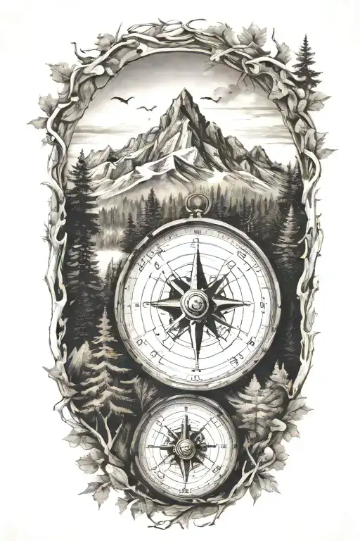 A Compass With Mountains And Trees Surrounding It And Coordinates