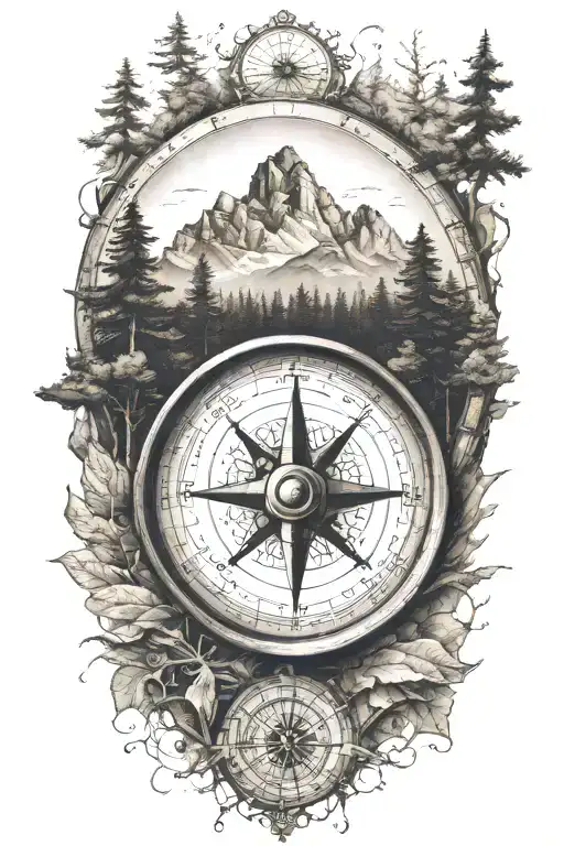 A Compass With Mountains And Trees Surrounding It And Coordinates