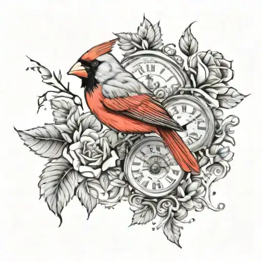 Black And Grey Tattoo Design With A Cardinal Holding A Watchplaced On The Lower Right Forearm