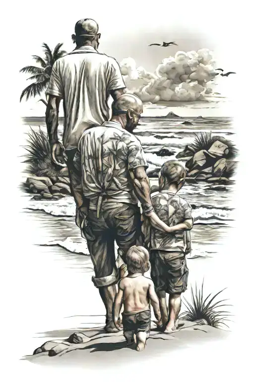 Father With Twin Boys On The Beach Landscape