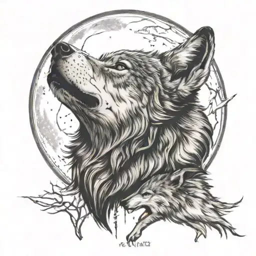 Wolf Head And Wolf Howling At The Moon
