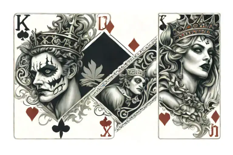 5 Playing Cards King And Queen On Outside Aces On Inside With Joker In The Middle