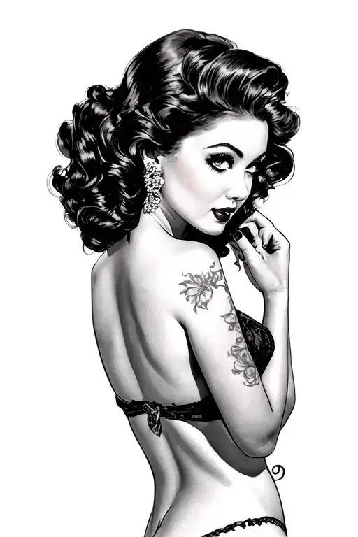 Pin Up Girl Side Profile With Her Head Turned Looking At Me With No Top On Wearing A Thong