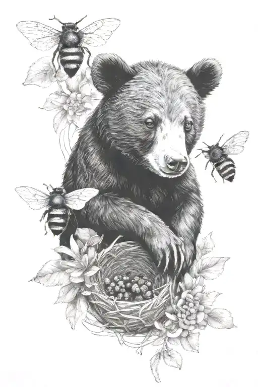 Black Bear Cub Holding Honey Nest With Bees