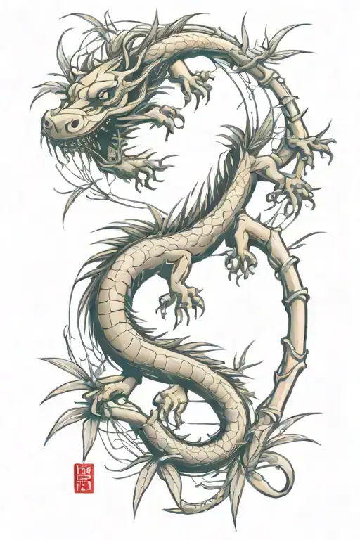 Simple Thin Bamboo Sticks With A Traditional Japanese Dragon Flying Up