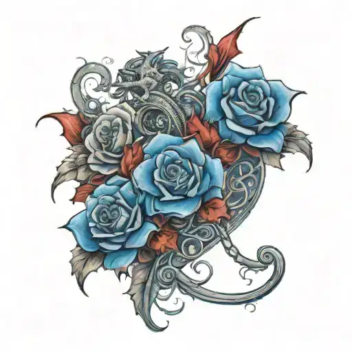 Family In Cursive With Blue Roses And Hearts In Smoke And Red Dragon Incorpoarted With Cross
