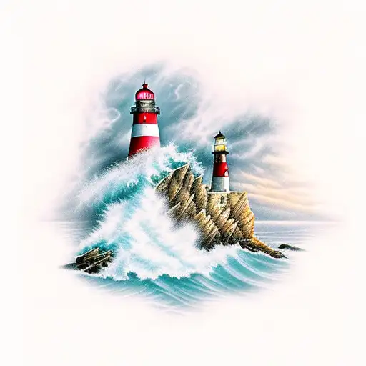Lighthouse On Rocks With Lightstrobe In A Storm
