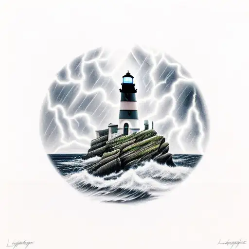 Lighthouse On Rocks With Lightstrobe In A Storm