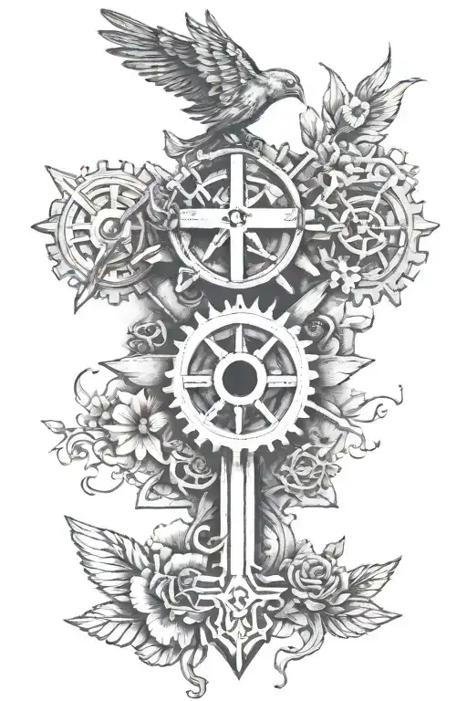 Gears With Flowers A Cross And A Bird Flying Out