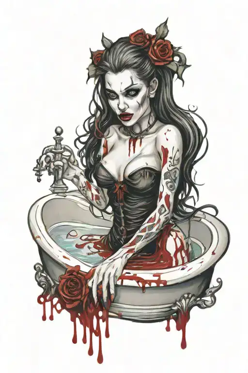 Female Vampire In Bloody Gothic Bathtub Realistic
