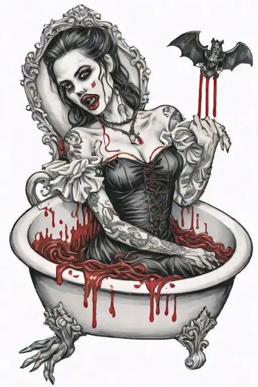 Female Vampire In Bloody Gothic Bathtub Realistic
