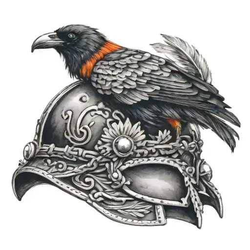 A Veteran's Helmet Adorned With Crow Feathers And Flames