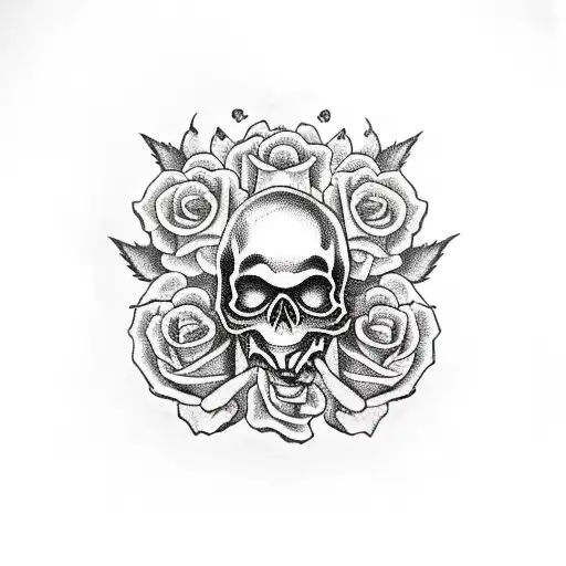 Skull With Mushrooms And Roses
