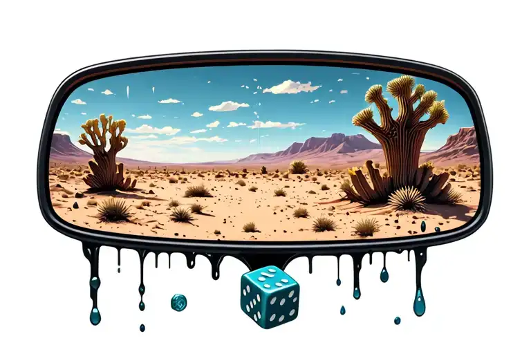 Rear View Mirror Reflecting The Desert Landscape With Melted Dice Hanging From The Mirror