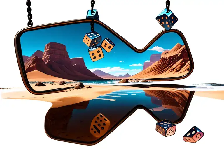 Rear View Mirror Reflecting The Desert And Ocean Landscape With Melted Dice Hanging From The Mirror