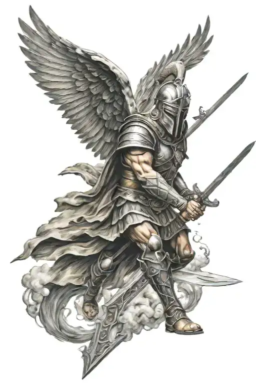 Spartan Warrior With Sword And Wings Flying