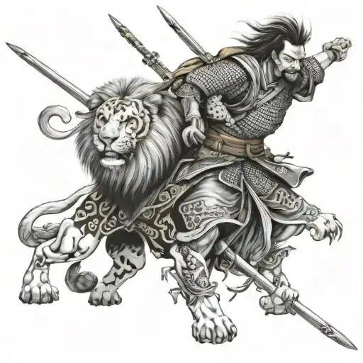 Japanese Samurai With Sword Behind A Lion Roaring