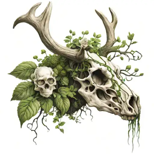 Deer Skull Mossy Vines And Flowers Growing