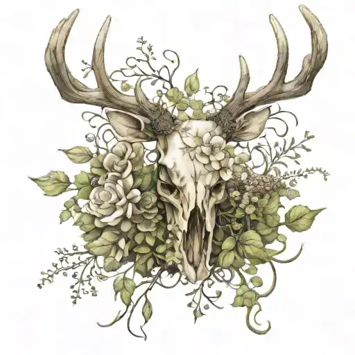 Deer Skull Mossy Vines And Flowers Growing