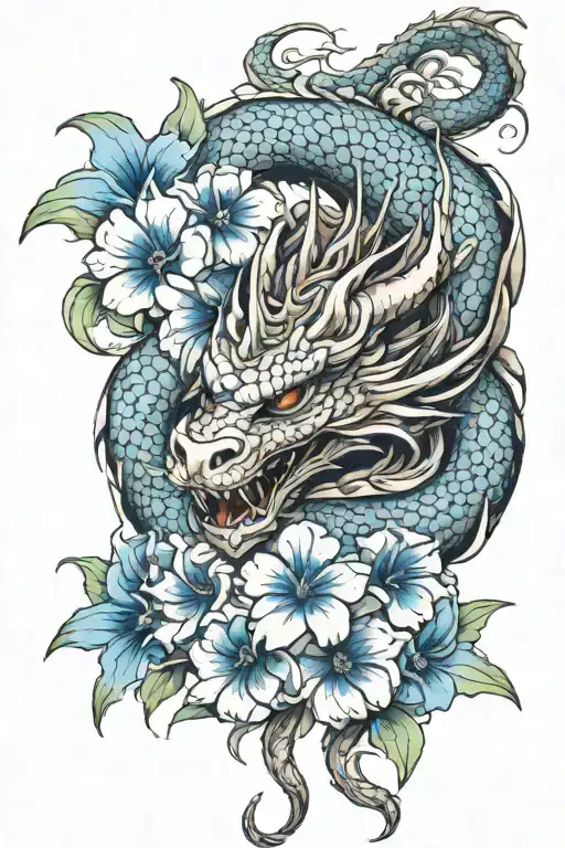 Yakuza Dragon And Blue Flowers