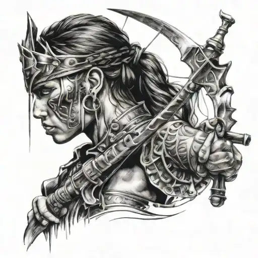 Create Me A Warrior Face And Hand Drawing A Bow Weapon String Back To Take Aim