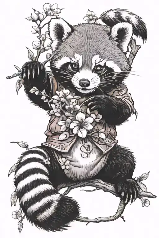 Red Panda Holding Cherry Blossom Branch With Tai Chi Symbol