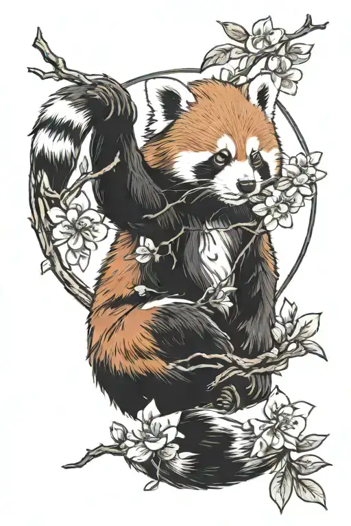 Red Panda Holding Cherry Blossom Branch In Zen Circle