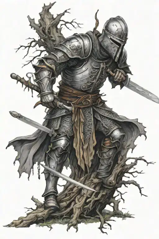 Rotten Tree With Medieval Knight Holding A Sword