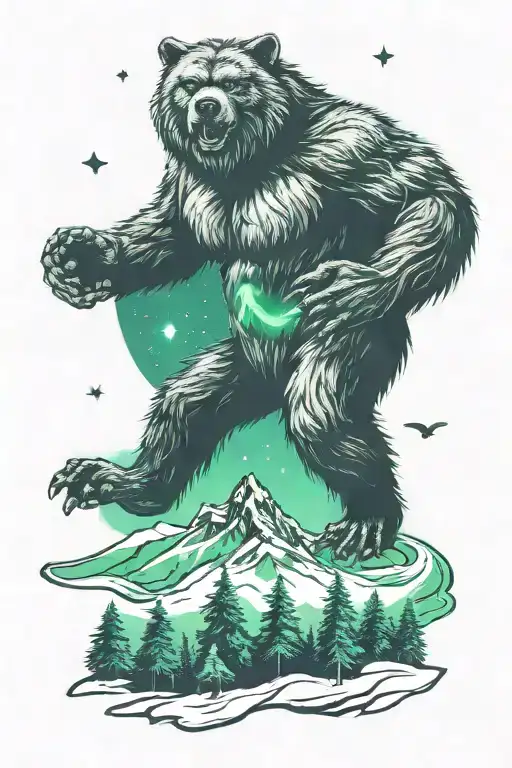 Bigfoot Pine Forest Ufo Mountain Wolves Northern Lights
