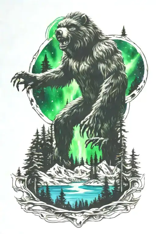 Bigfoot Pine Forest Ufo Mountain Wolves Northern Lights
