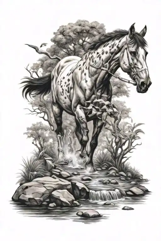 Horse Drinking Water Creek Being Hunted By Predators
