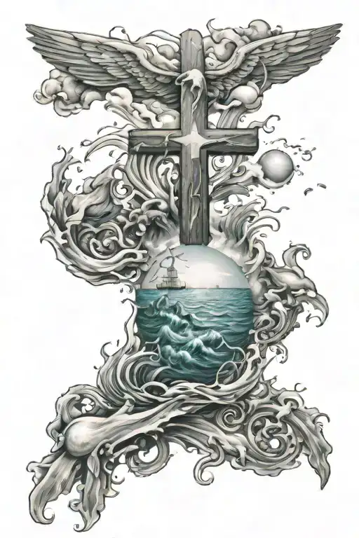 Make Me A Tattoo That's A Full Sleeve That's Got Ocean Water In And Christianity Drawn In Realism