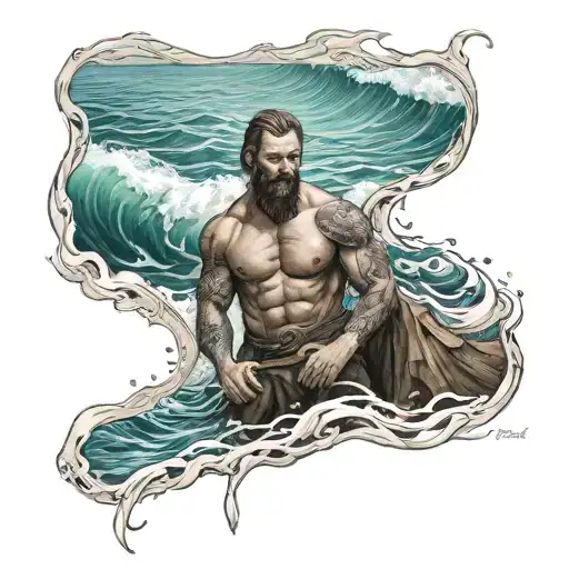 Make Me A Tattoo That's A Full Sleeve That's Got Ocean Water In And Christianity Drawn In Realism