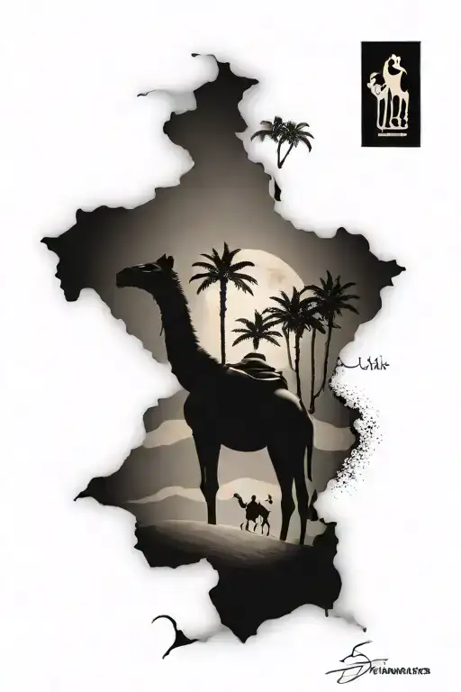 Palm Trees And Sand Dunes And Camels Above Arabic Calligraphy