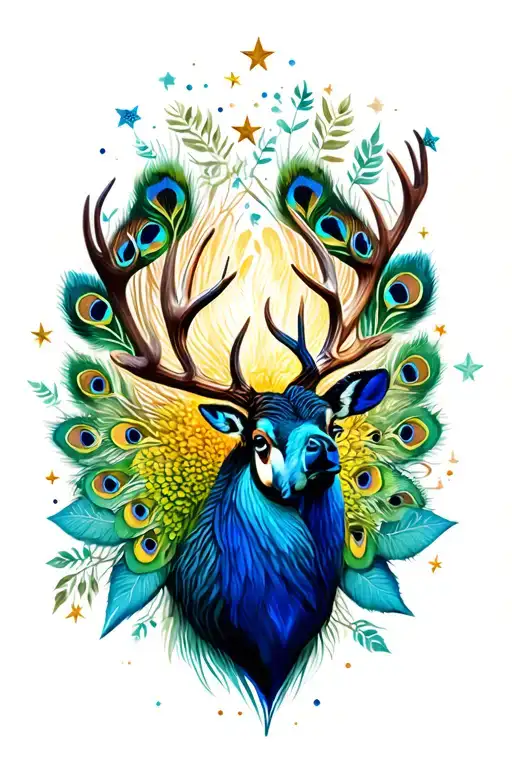 Stag And Peacock With Stars And Leafs