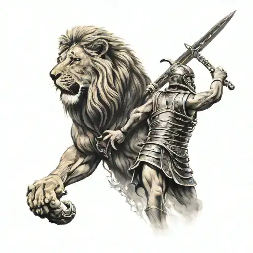 Gladiator And Lion Standing Side
