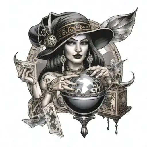 Beautiful Fortune Teller With Tarot Cards And A Crystal Ball And Dice Around The Fortune Teller