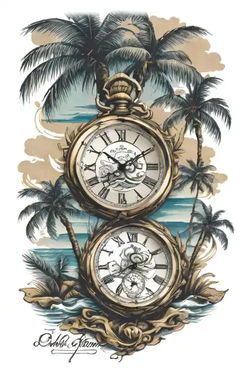Palm Trees With Ocean One Side Pocket Watch With Gold Hands Half Sleeve Forearm