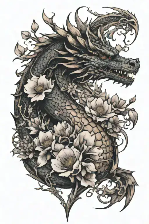 Dragon With Cherry Blossoms And Thistles Running Up The Sternum