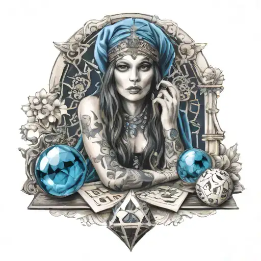 Beautiful Fortune Teller With Tarot Cards And A Blue Crystal Ball And Dice Around The Fortune Teller