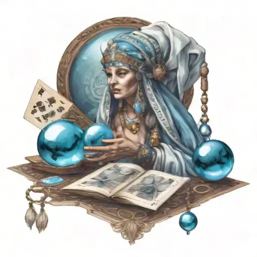 Beautiful Fortune Teller With Tarot Cards And A Blue Crystal Ball And Dice Around The Fortune Teller