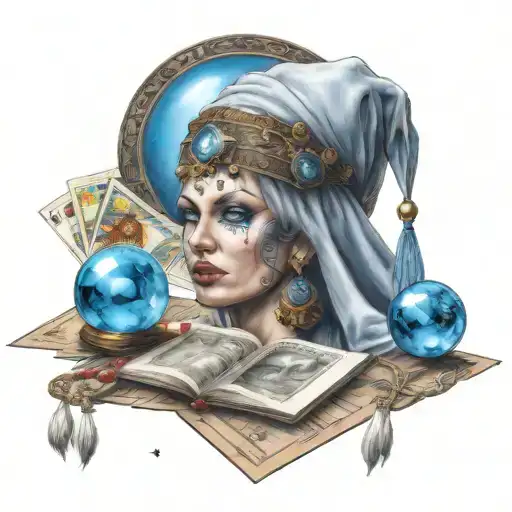 Beautiful Fortune Teller With Tarot Cards And A Blue Crystal Ball And Dice Around The Fortune Teller