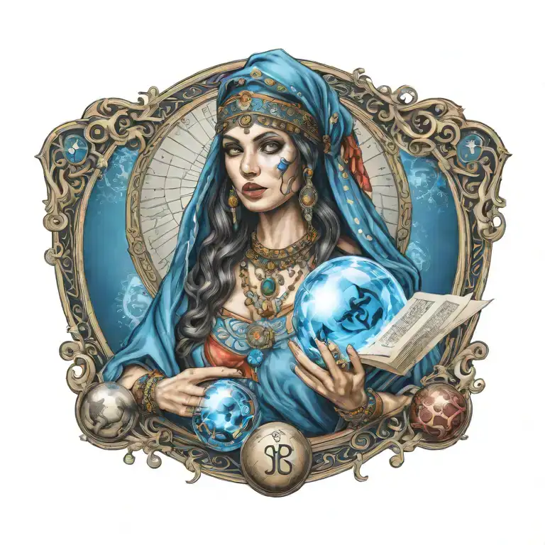 Beautiful Fortune Teller With Tarot Cards And A Blue Crystal Ball And Dice Around The Fortune Teller
