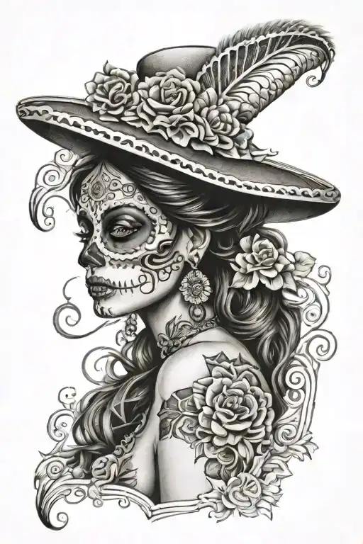 Mexican Day Of The Dead Lady With Half Skull Face Morphing