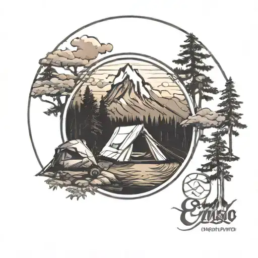 Camping Scene With Mountain And Sunset Inside Enso Circle