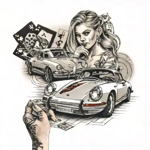 Porsche Car With Woman In Foreground Holding Blackjack Cards