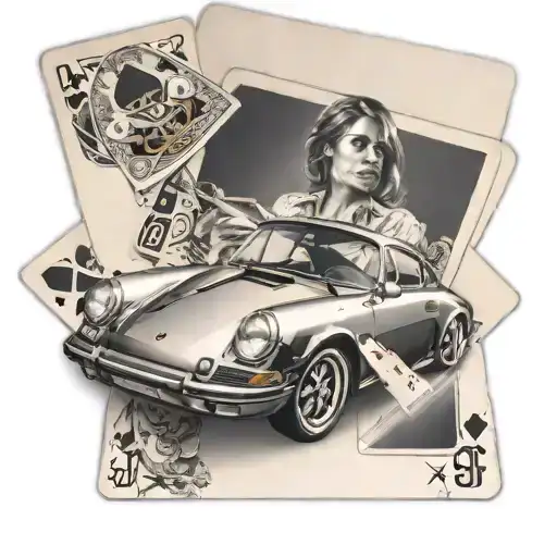 Porsche Car With Woman In The Foreground Holding Black Jack Cards