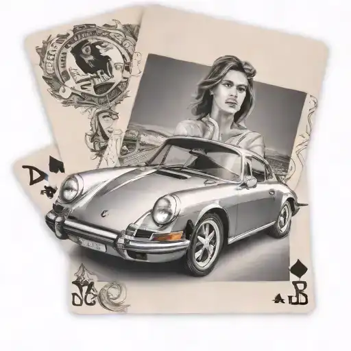 Porsche Car With Woman In The Foreground Holding Black Jack Cards