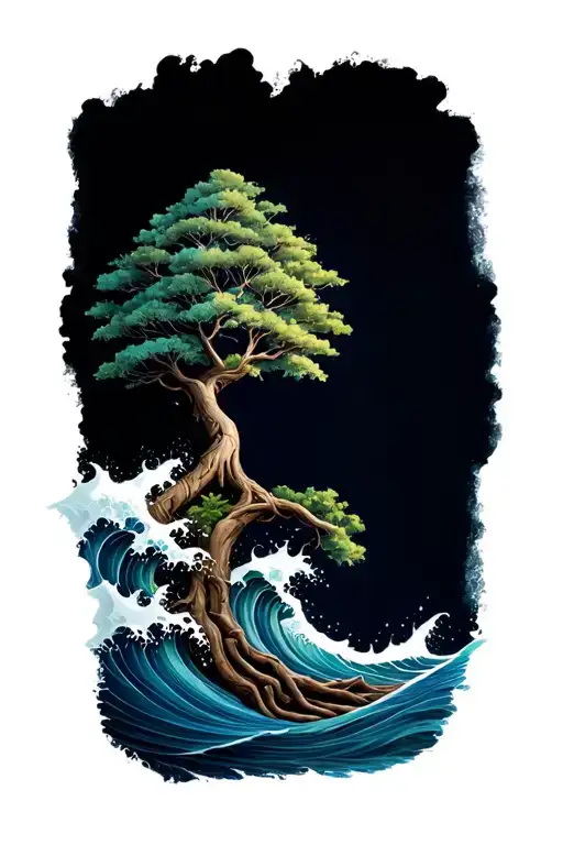 Tree Of Life Intertwined With Ocean Waves