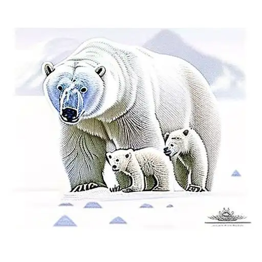 Polar Bear Mother With Two Cubs Surrounded By Wild Flowers